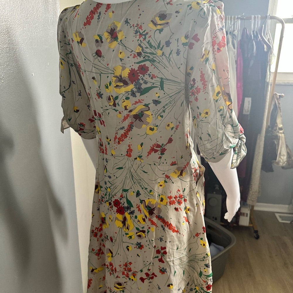 Baraschi 100% Silk Dress Floral Tie-Front Dress Gray Mini S - Picture 10 of 10